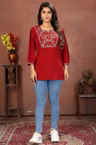 Maroon rinkal cotton embroidered formal looking casual short kurta