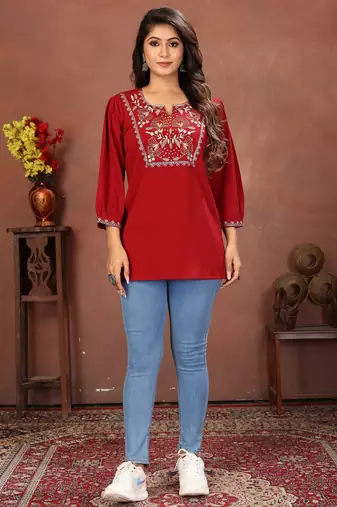 Maroon rinkal cotton embroidered formal looking casual short kurta