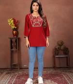 Maroon rinkal cotton embroidered formal looking casual short kurta