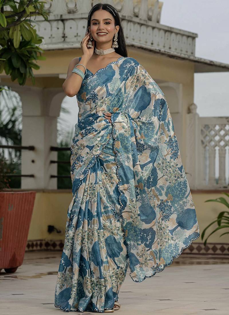 grey chinon silk blend floral printed with mirror cut border ready to wear saree
