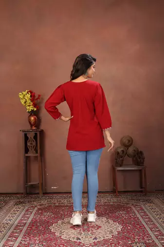 Maroon rinkal cotton embroidered formal looking short kurta