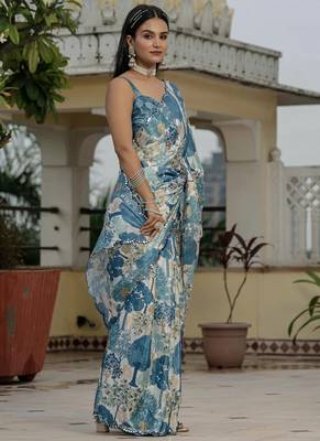 grey chinon silk blend floral printed with mirror cut border ready to wear saree 2