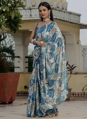 grey chinon silk blend floral printed with mirror cut border ready to wear saree 3