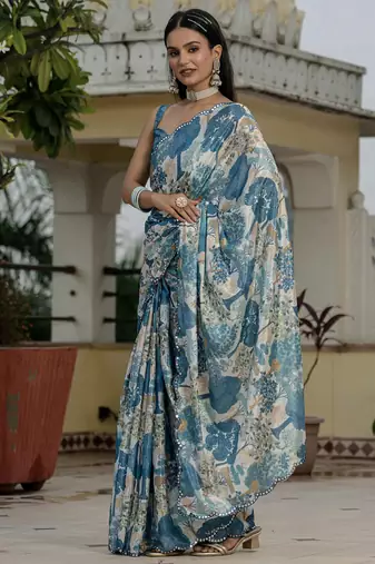 grey chinon silk blend floral printed with mirror cut border ready to wear saree