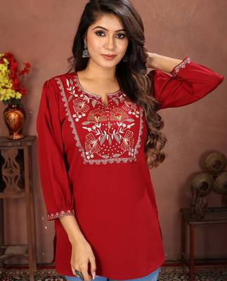 Maroon rinkal cotton embroidered formal looking short kurta 4
