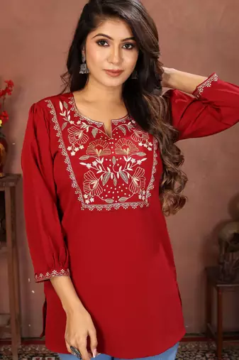 Maroon rinkal cotton embroidered formal looking short kurta