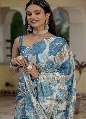 grey chinon silk blend floral printed with mirror cut border ready to wear saree 4