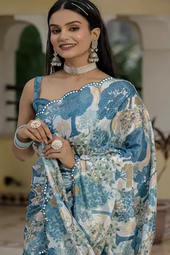 grey chinon silk blend floral printed with mirror cut border ready to wear saree