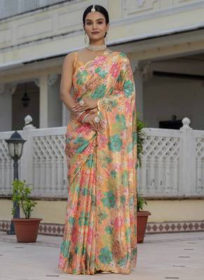 mustard chinon silk blend floral printed with mirror cut border ready to wear saree 1