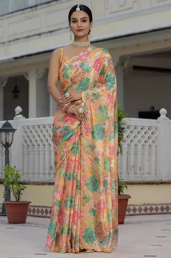 mustard chinon silk blend floral printed with mirror cut border ready to wear saree
