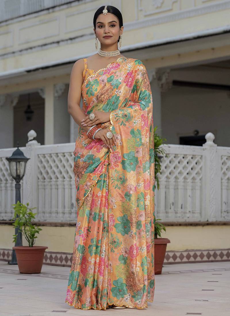 mustard chinon silk blend floral printed with mirror cut border ready to wear saree