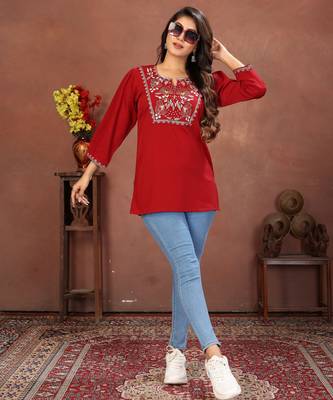 Maroon rinkal cotton embroidered formal looking short kurta 5