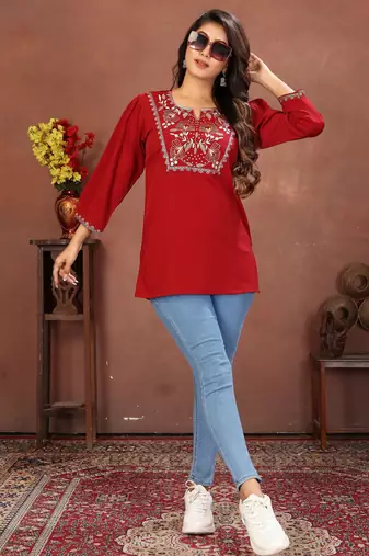 Maroon rinkal cotton embroidered formal looking short kurta