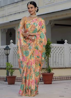 mustard chinon silk blend floral printed with mirror cut border ready to wear saree 2