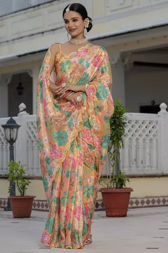 mustard chinon silk blend floral printed with mirror cut border ready to wear saree