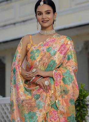 mustard chinon silk blend floral printed with mirror cut border ready to wear saree 3