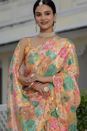 mustard chinon silk blend floral printed with mirror cut border ready to wear saree