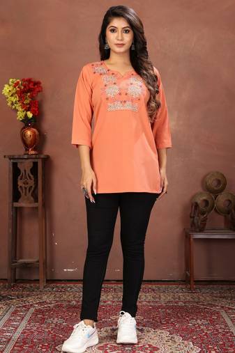 Peach rinkal cotton embroidered formal looking casual short kurta