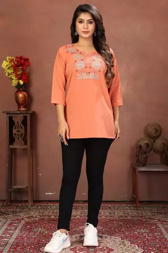 Peach rinkal cotton embroidered formal looking casual short kurta