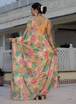 mustard chinon silk blend floral printed with mirror cut border ready to wear saree 4