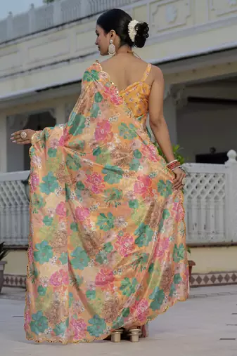 mustard chinon silk blend floral printed with mirror cut border ready to wear saree
