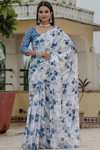 off white chinon silk blend floral printed with mirror cut border ready to wear saree