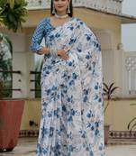 off white chinon silk blend floral printed with mirror cut border ready to wear saree