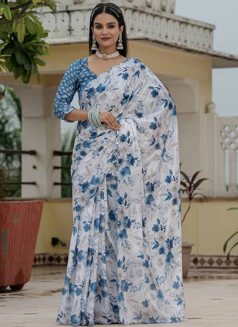 off white chinon silk blend floral printed with mirror cut border ready to wear saree