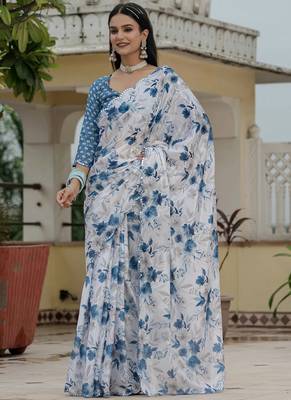 off white chinon silk blend floral printed with mirror cut border ready to wear saree 2