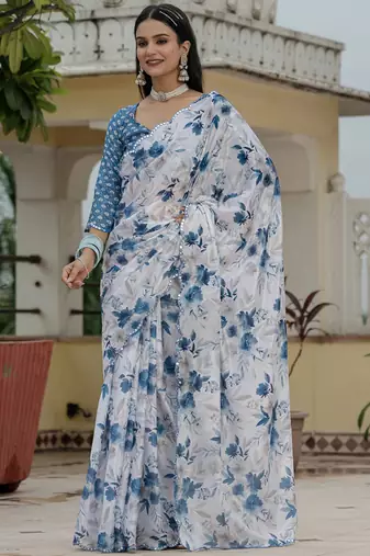 off white chinon silk blend floral printed with mirror cut border ready to wear saree