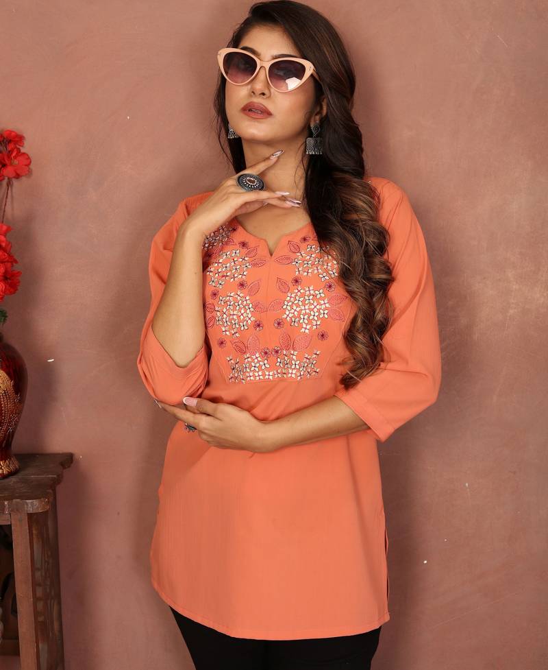 Peach rinkal cotton embroidered formal looking casual short kurta