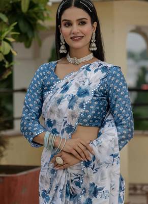 off white chinon silk blend floral printed with mirror cut border ready to wear saree 3