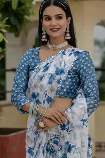 off white chinon silk blend floral printed with mirror cut border ready to wear saree