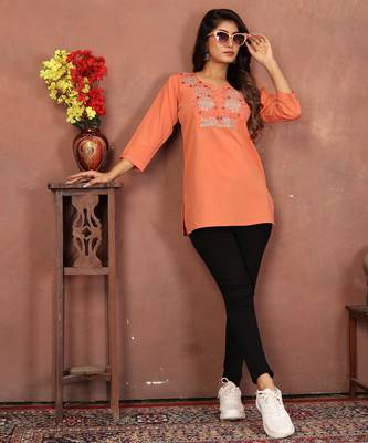Peach rinkal cotton embroidered formal looking short kurta 5