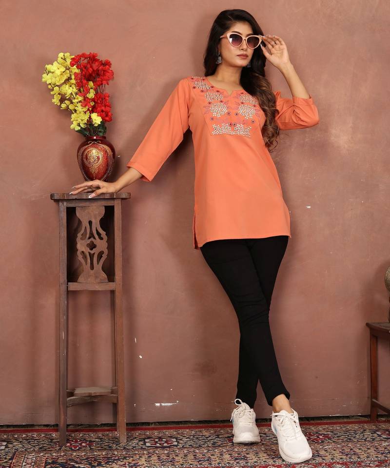 Peach rinkal cotton embroidered formal looking casual short kurta