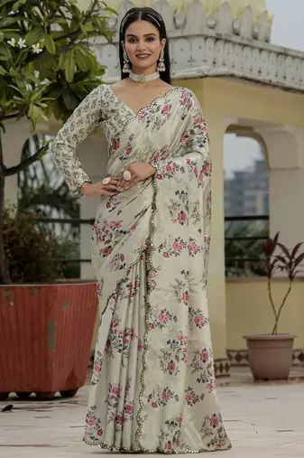 beige chinon silk blend floral printed with mirror cut border ready to wear saree