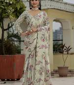 beige chinon silk blend floral printed with mirror cut border ready to wear saree