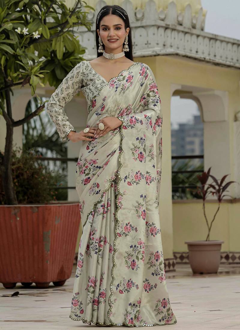 beige chinon silk blend floral printed with mirror cut border ready to wear saree