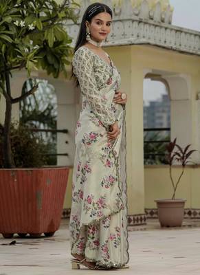 beige chinon silk blend floral printed with mirror cut border ready to wear saree 2