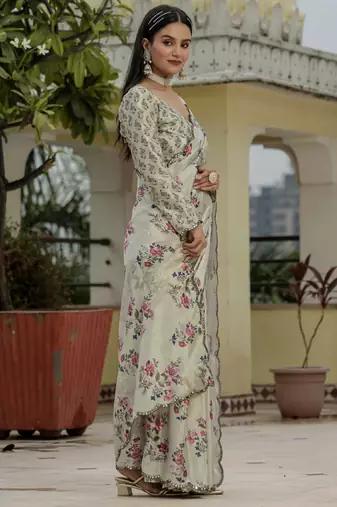 beige chinon silk blend floral printed with mirror cut border ready to wear saree