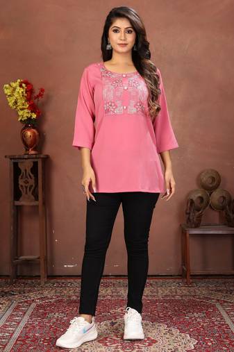 Pink rinkal cotton embroidered formal looking casual short kurta