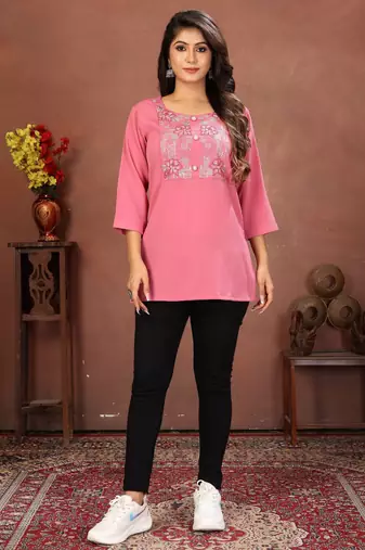 Pink rinkal cotton embroidered formal looking casual short kurta