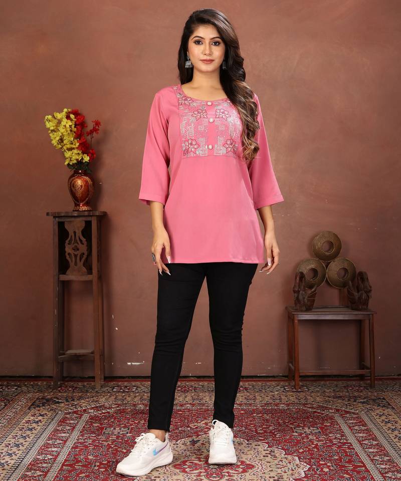 Pink rinkal cotton embroidered formal looking casual short kurta