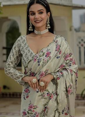 beige chinon silk blend floral printed with mirror cut border ready to wear saree 3