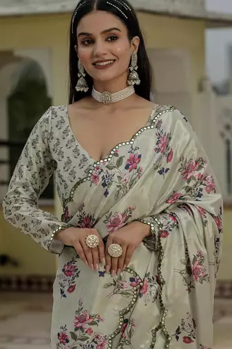 beige chinon silk blend floral printed with mirror cut border ready to wear saree
