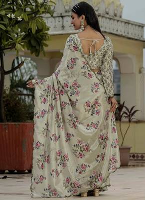beige chinon silk blend floral printed with mirror cut border ready to wear saree 4
