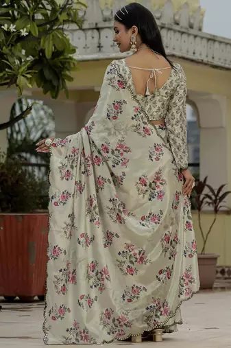 beige chinon silk blend floral printed with mirror cut border ready to wear saree