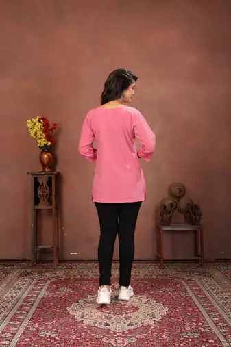 Pink rinkal cotton embroidered formal looking short kurta