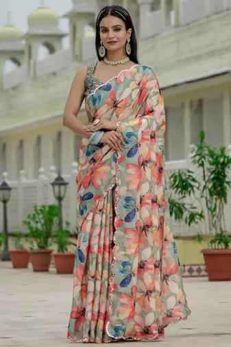 multi color chinon silk blend floral printed with mirror cut border ready to wear saree