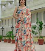 multi color chinon silk blend floral printed with mirror cut border ready to wear saree